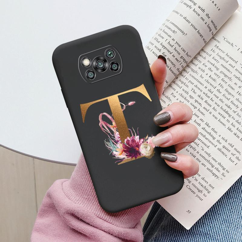 Letter Case For Poco X3 NFC PocoX3 Pro Back Cover Retro Flowers Pink Black Soft TPU Initial Fundas For Xiaomi Poco X 3 Pro Coque