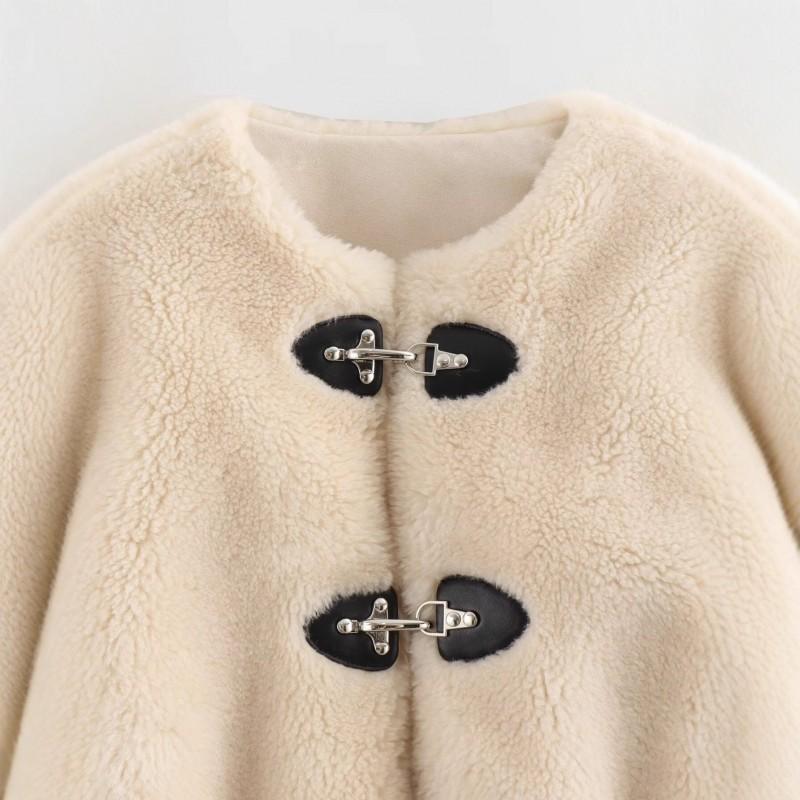 Two-Tone Snap Button Fleece Loose Fit Round Neck Cotton Blend Jacket Womens Casual Fall Top