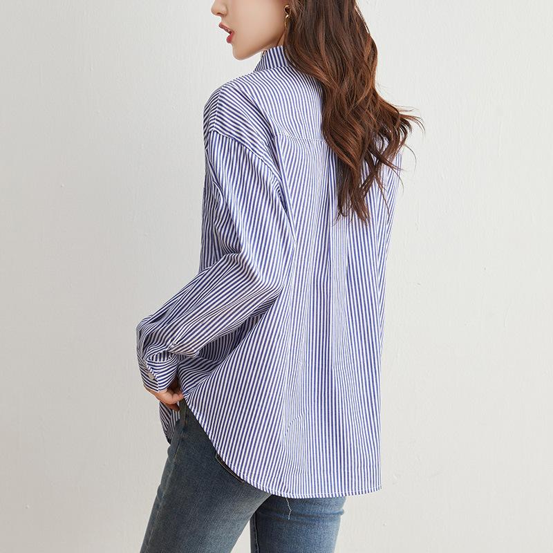 Blue Striped Shirt for Women Long-sleeved Spring and Autumn New Top Simple Commuter Cotton Shirt