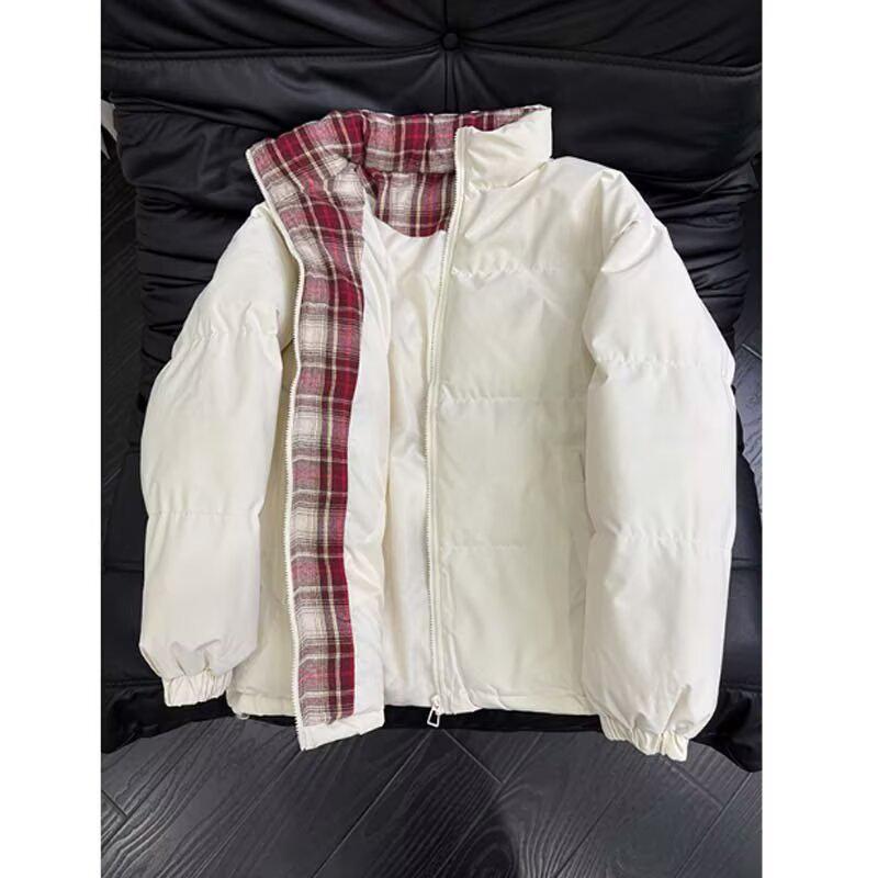 

Men s Black Plaid Patchwork Puffer Jacket - Winter Cotton Stand Collar Coat 3XL бежевий