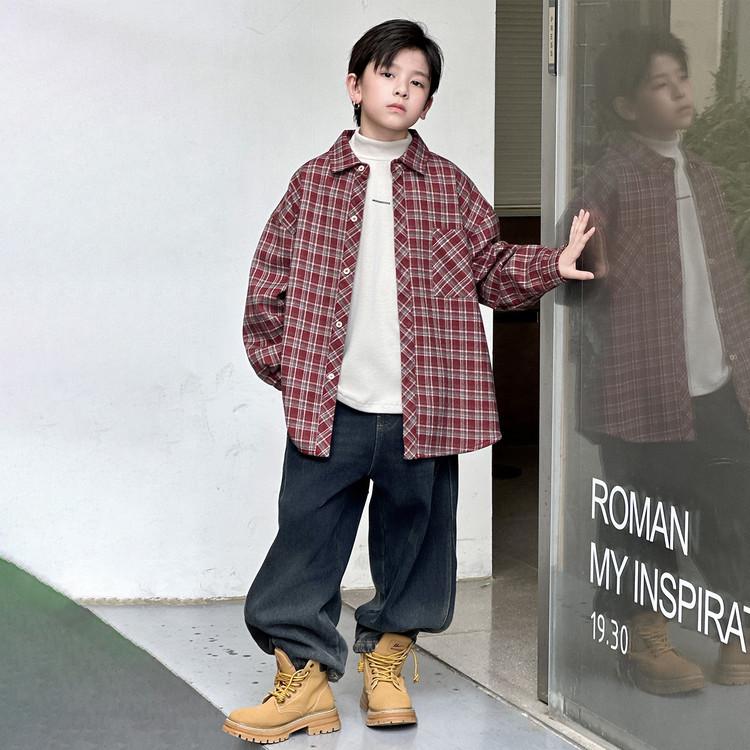 Мальчиковая фланелевая рубашка-куртка с длинным рукавом - Осень/Зима 2026, Толстая теплая в корейском стиле для детей постарше 170cm