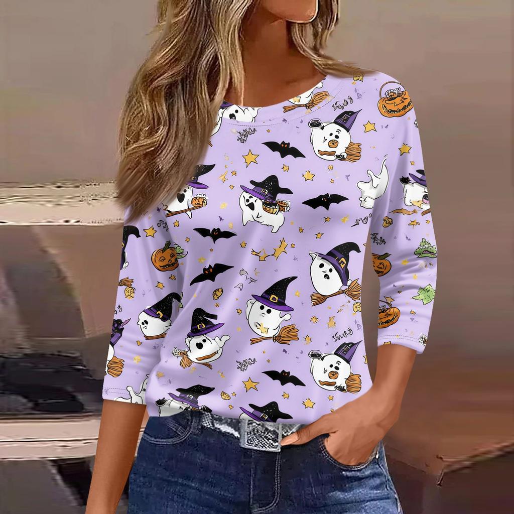 Womens Casual Loose Fit Halloween Print T Shirt Round Neck Three Quarter Sleeve Blouse Comfortable Everyday Wear