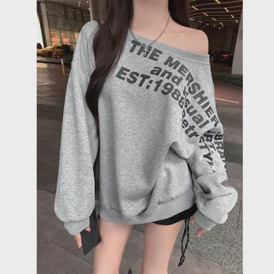 American-Style Oblique Shoulder Long-Sleeved Sweatshirt for Women, Autumn 2024 Korean Slim Fit