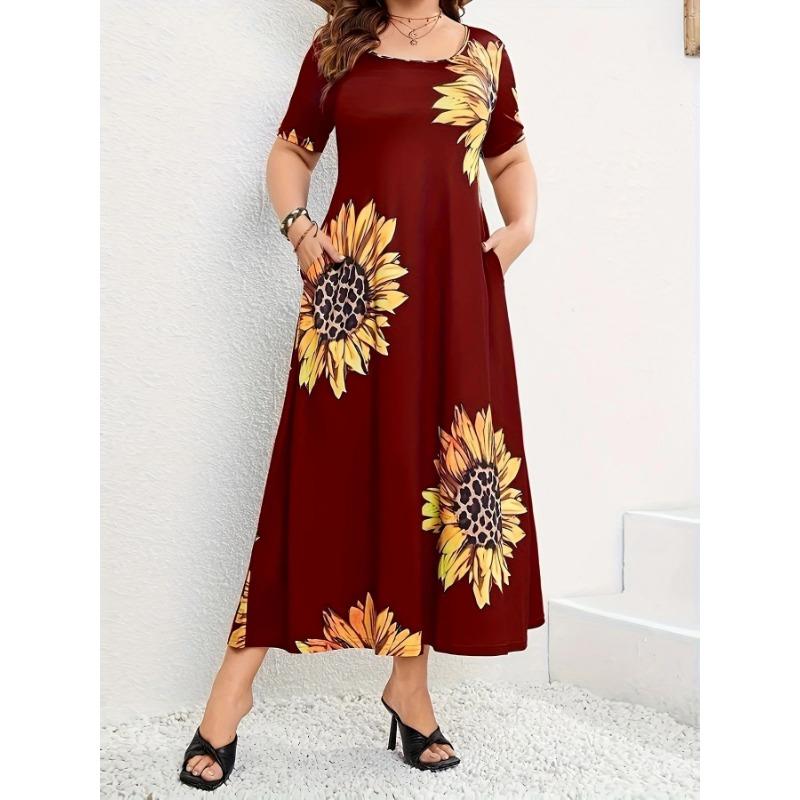 Dress Sunflower Printed Loose Long Short Sleeve Summer Dresses