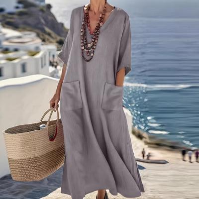 Summer New Style Plain-color Loose V-neck Short-sleeved Dress