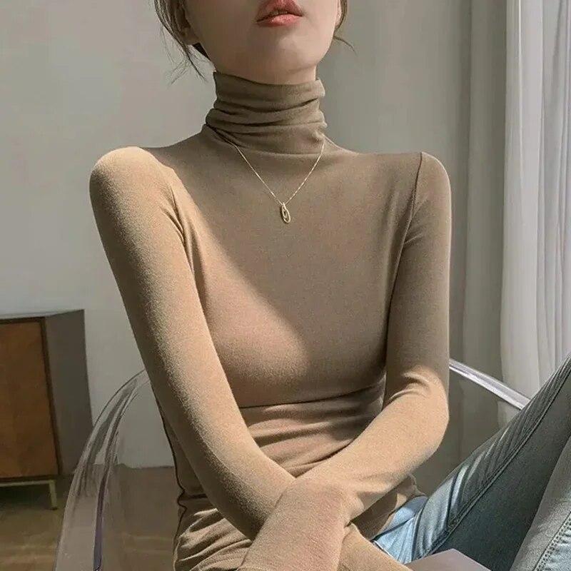 Turtleneck Undershirt Thin Velvet Slim Solid Color Women's Long Sleeved Pullover Simple Casual Korean Fashion Autumn Winter