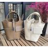 Foreign trade new vegetable basket bag swift cowhide with canvas splicing bucket bag fashionable casual hand bag