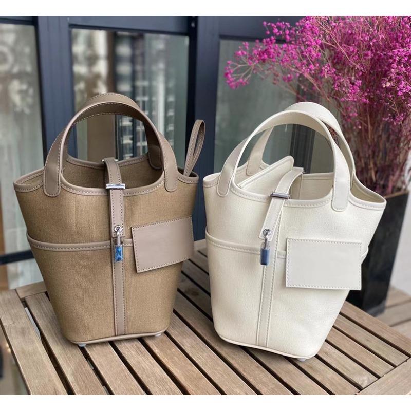 Foreign trade new vegetable basket bag swift cowhide with canvas splicing bucket bag fashionable casual hand bag