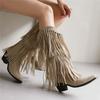Fashion Fashion Autumn Winter Ethnic Woman Bohemian Flock Tassle Hidden Moccasin High heels Mid-Calf Boots Fringe Female Slip On Shoes