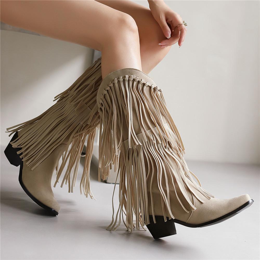 Fashion Fashion Autumn Winter Ethnic Woman Bohemian Flock Tassle Hidden Moccasin High Heels Mid-Calf Boots Fringe Female Slip On Shoes