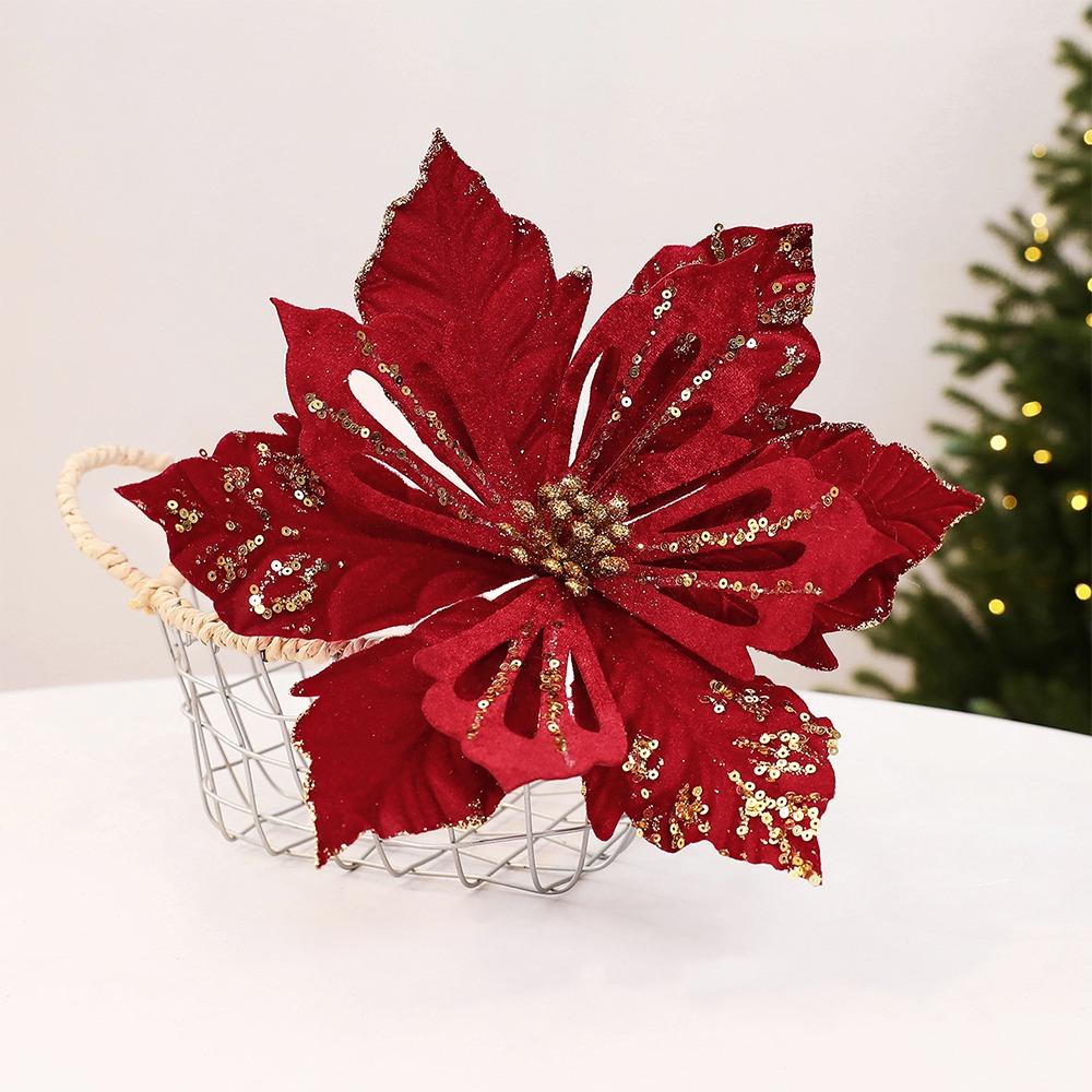 Flocking Velvet Artificial Poinsettia Realistic Holiday Xmas Flower Decor  Photo Props