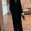 Women Plus Size Velvet 2 Piece Outfit Rhinestone Long Sleeve Top Wide Leg Pants Set