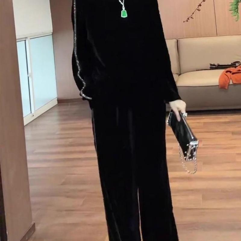 Women Plus Size Velvet 2 Piece Outfit Rhinestone Long Sleeve Top Wide Leg Pants Set