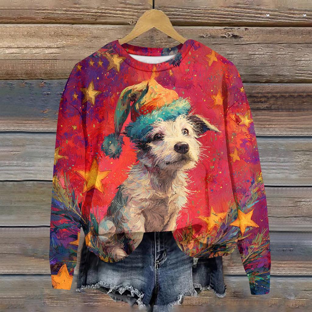 Ladies' Christmas Printed Long Sleeved Round Neck Hoodie Loose Top