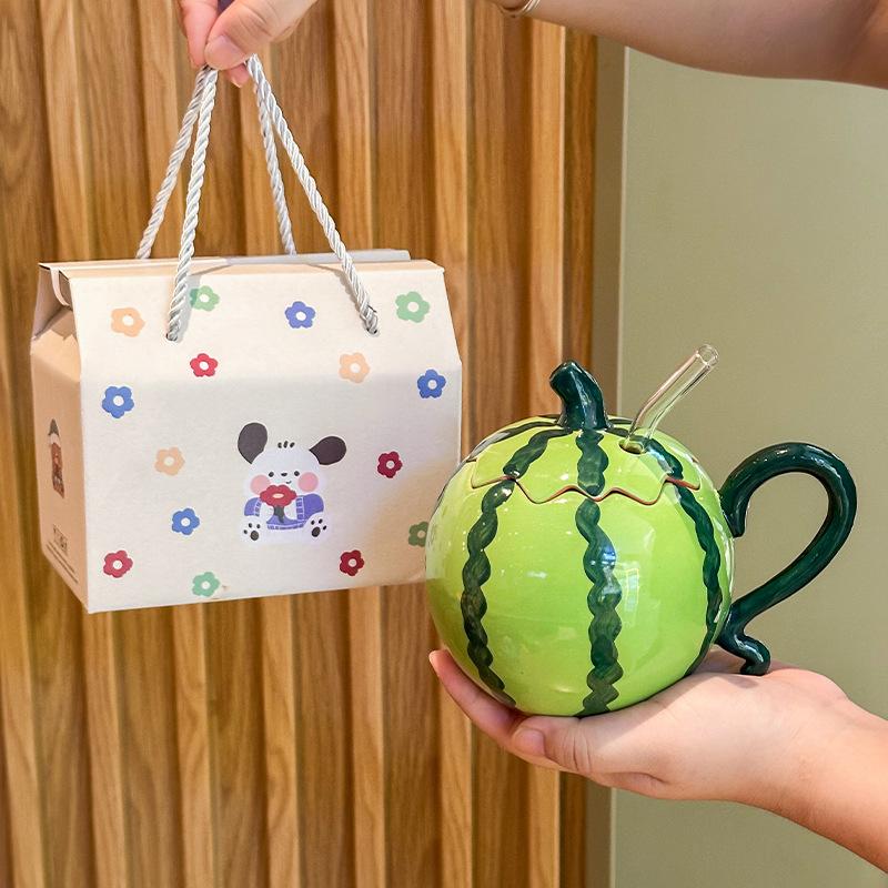 Cute and funny watermelon straw cup, girls' high-value ceramic mug with lid, birthday gift box.