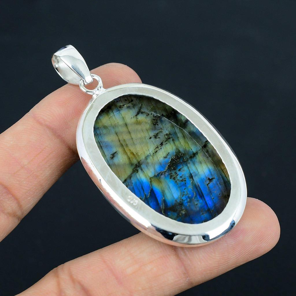 Colgante de labradorita azul natural ardiente, plata de ley 925, joya colgante, joya de plata hecha a mano para regalo de Pascua.