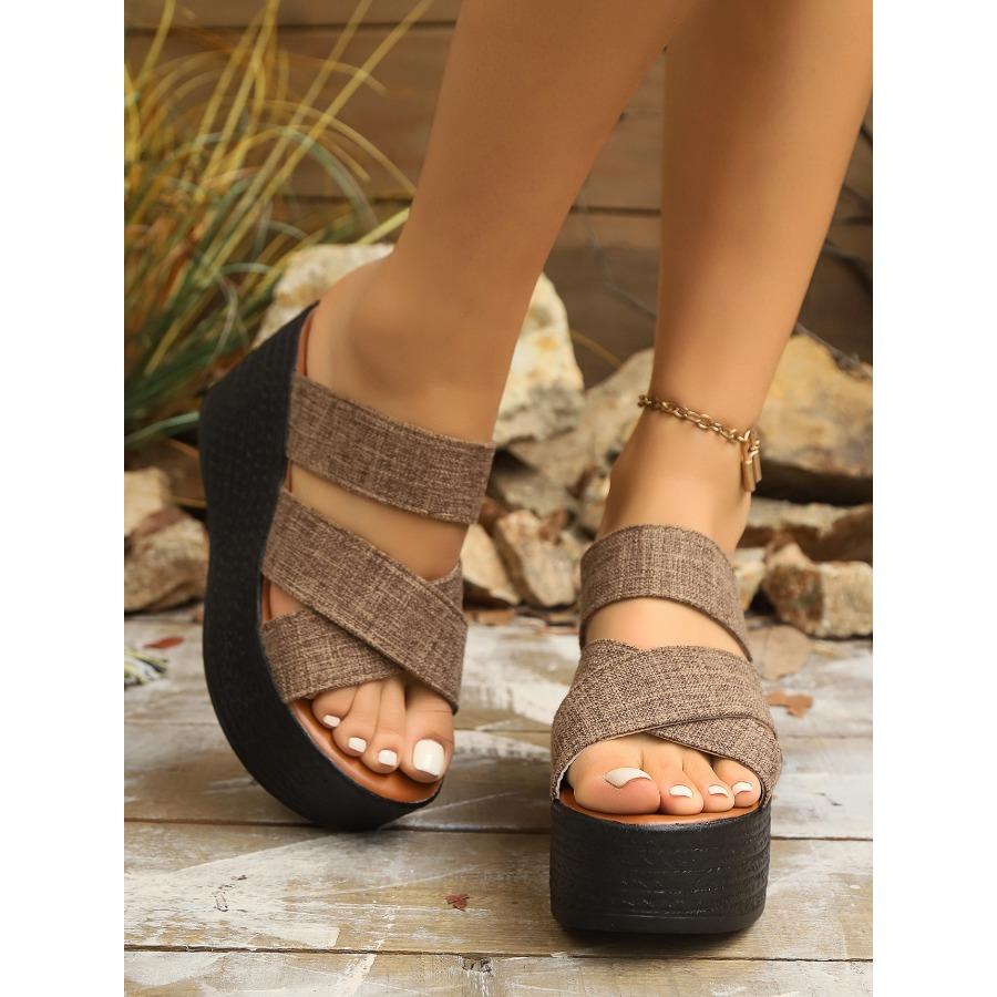 Women's Cross-Strap Casual Sandals 2025 Plus Size Summer New Arrival Fabric Platform Chunky Heel Wedges