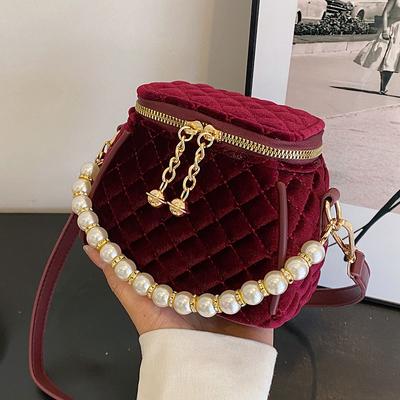 Luxury Red Velvet Pearl Handbag for Women  Autumn Winter New Chains Shoulder Crossbody Bags Elegant Party Clutch Bags