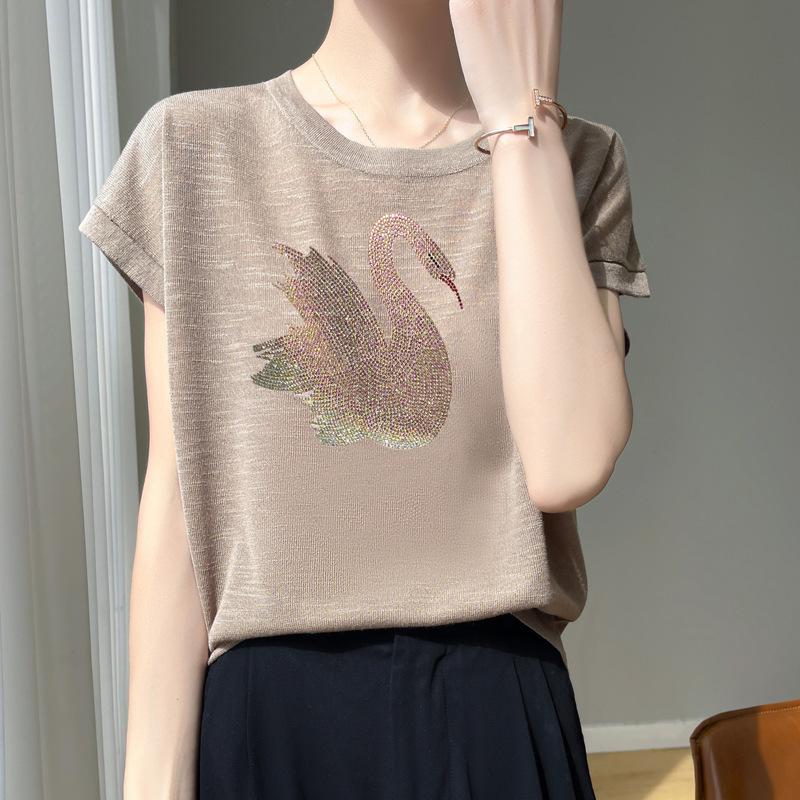 IHUASU Summer Women's Knitwear Cotton Bamboo Hemp Short-sleeved Tops Women's T-shirt Women's O-neck Rhinestone Swan