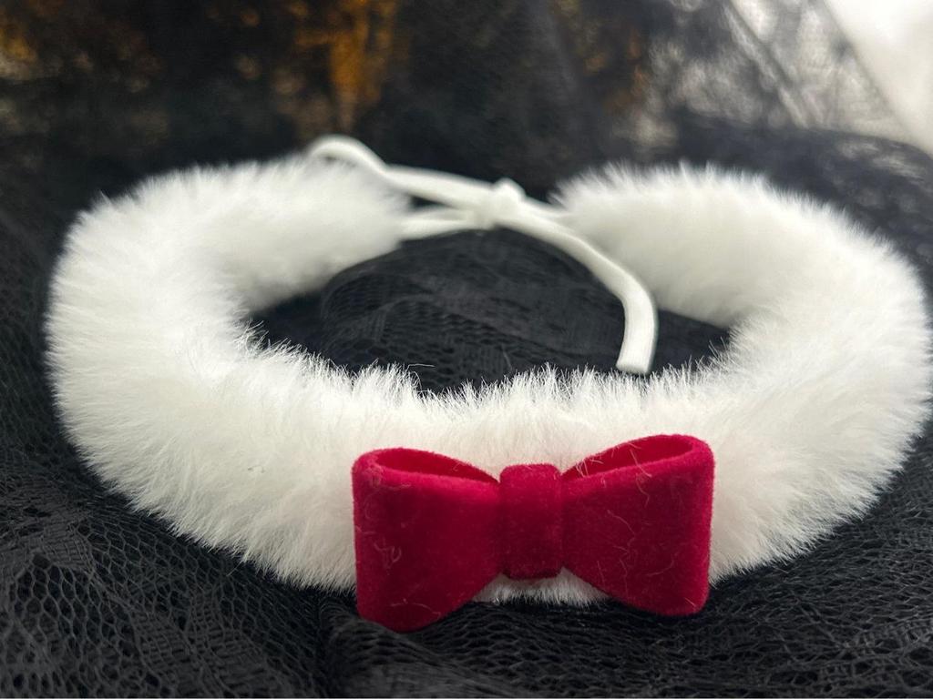 Wine Red Plush Collar Choker with Bell & Bow - Christmas Date Night Accessory