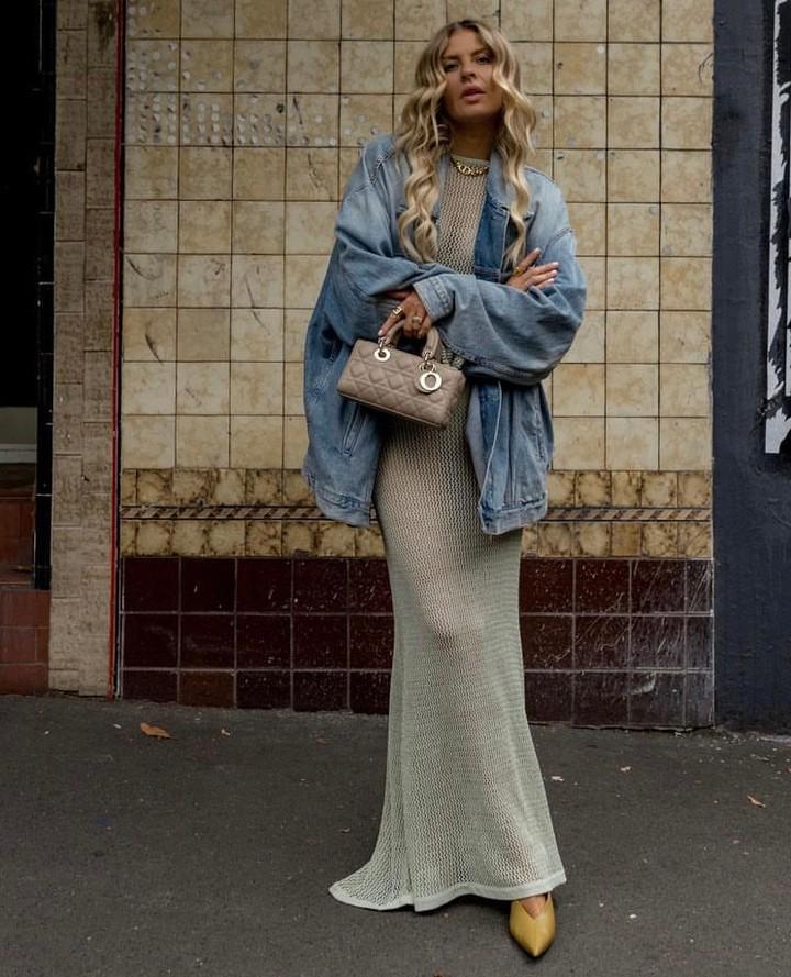 European & American Women's Summer Knitted Backless Long-Sleeve See-Through Floor-Length Dress