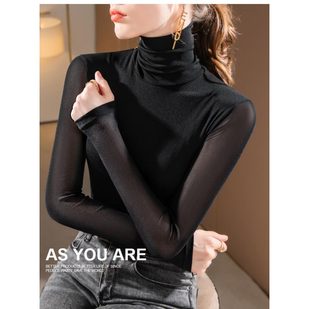 Women High Collar Mesh Base Layer Top Fleece Lined Thick Stretchy Long Sleeve Warm