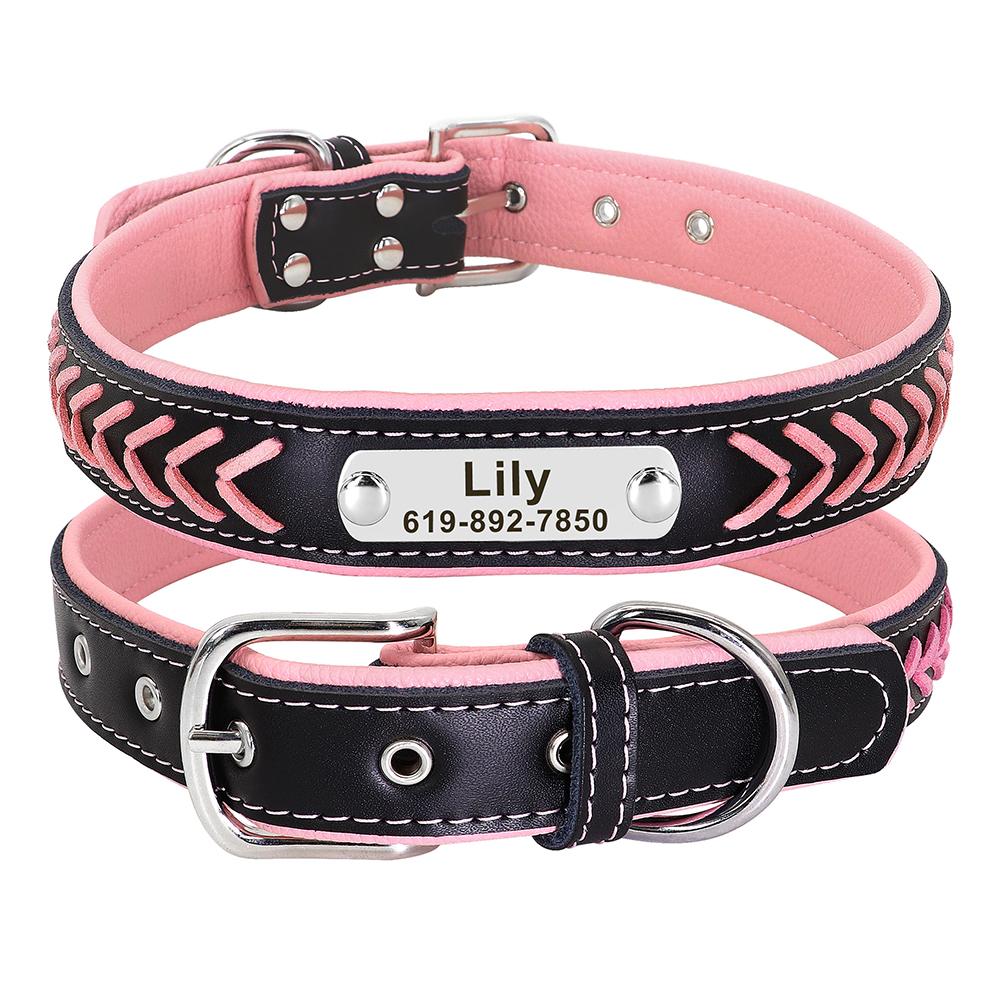 

Personalized PU Leather Dog Collar Custom Braided Dog Collars Padded Pet Necklace Free Engraving for Small Medium Large Dogs Pug XS（old） розовый