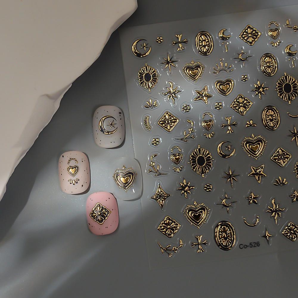 3D Embossed Metal Star & Moon Nail Stickers - Gold & Silver Retro Designs