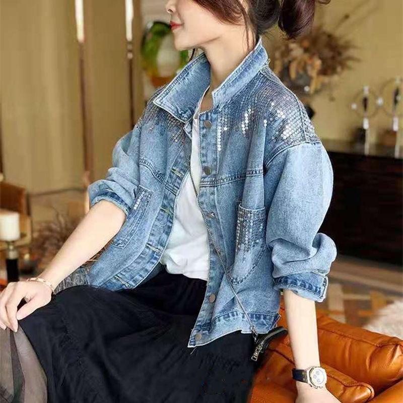 Women Loose Plus Size Short Denim Jacket Casual Long Sleeve Sequined Outerwear S синий