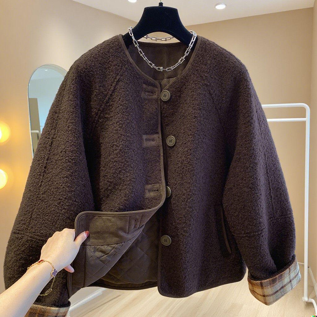2025 Winter Loose Collarless Lambswool Quilted Coat: Thick & Fluffy