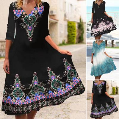 Onda Decote V Mangas 3/4 Cintura Ajustada Bainha Solta Vestido Casual Outono Estampa Floral Folhas Vestido Midi A-Line Roupa Feminina