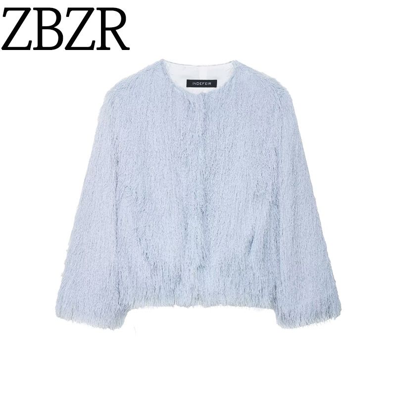 Za New Autumn and Winter Women's Clothing European and American Style Light Blue Round Neck Tassel Jacket 8376857 406