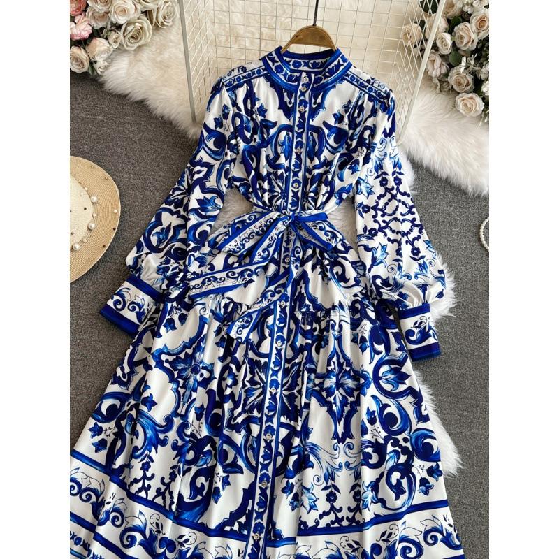 Spring and autumn retro court style long-sleeved stand-up collar waist thin single-breasted a-word celadon printed dress dress