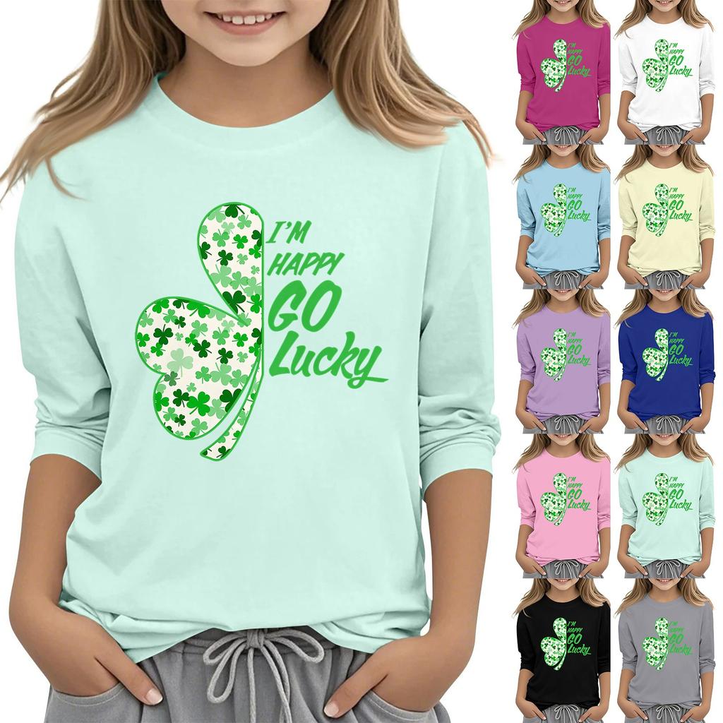 Dziecięcy T-shirt Casual z Nadrukiem na Kołnierzyku na Dzień Świętego Patryka z Rękawem 7/8