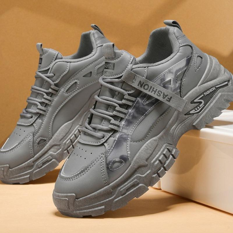 Men Leather Chunky Dad Sneakers, Breathable Fashion Student Work Casual Athletic Shoes