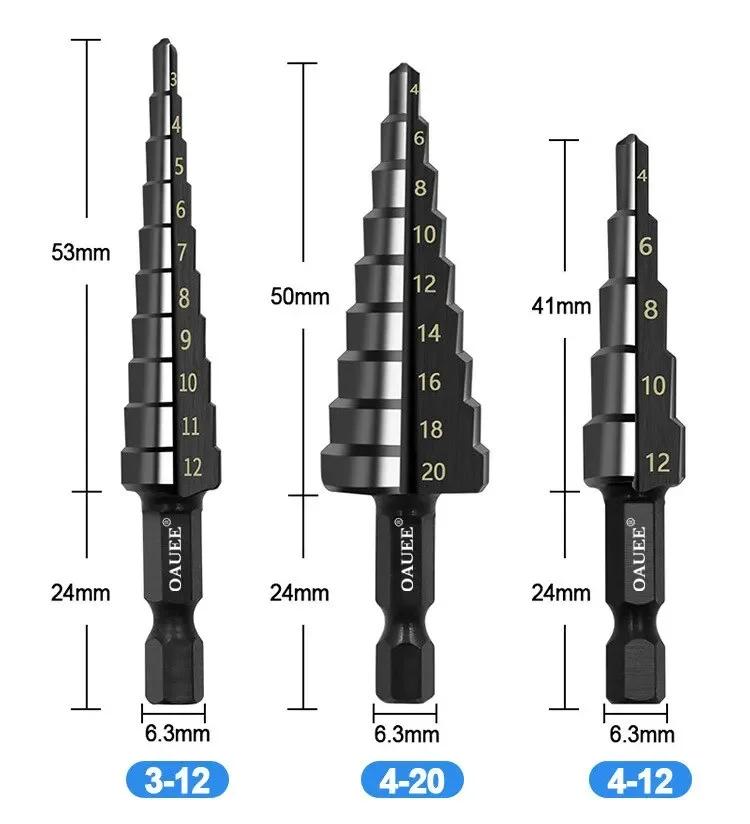 

3PCS Straight Groove Step Drill Bit 3-12mm 4-12mm 4-20mm Nitride Black Hex Wood Metal Hole Cutter Core Drilling Tools Set