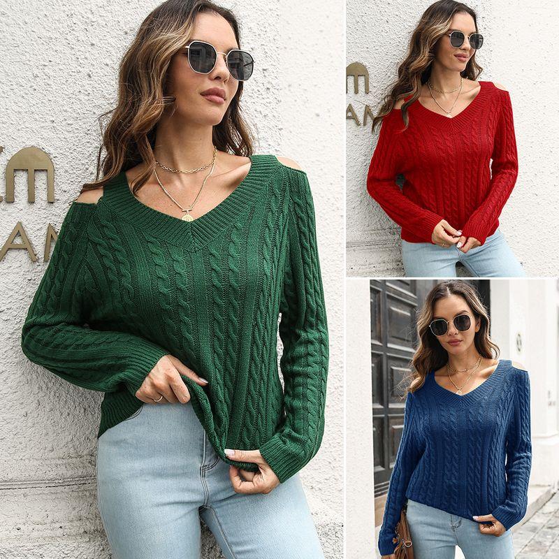 Off-the-Shoulder V-neck Loose Casual Sweater Sweater Pullover