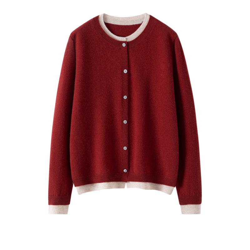 Women's Designer-Style Cashmere Cardigan: Round Neck, Color-Block, Faux Two-Piece Sweater