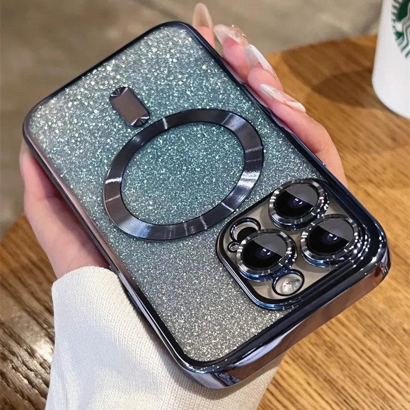 Magsafe Plating Gradient Glitter Clear Case For iPhone 11 12 13 14 Pro Max 14 Plus Soft Silicone Magnetic Wireless Charge Cover