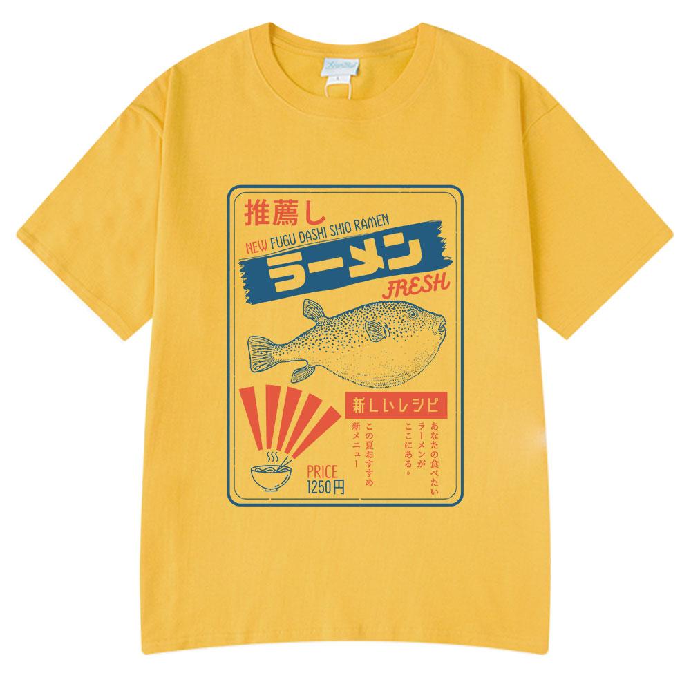 Vintage Fugu Puffer Fish Ramen T-Shirts Men Women Clothing Summer 100% Cotton Tee Shirt Fashion Crewneck Short Sleeve T Shirt