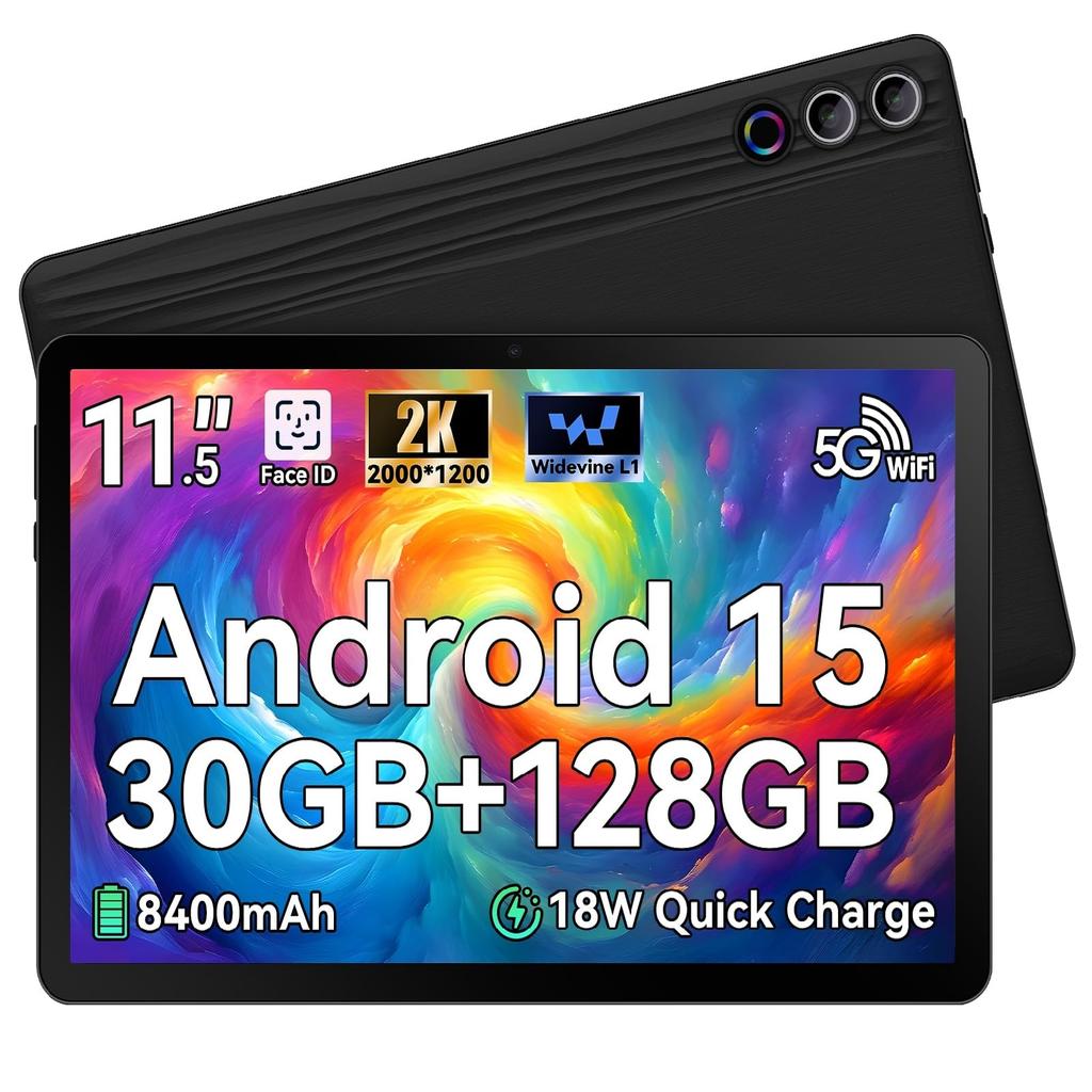 Android 15 Tablet, 11.5 Inch 2K Display, 30GB RAM+128GB ROM, 8400mAh Battery, Octa Core Processor