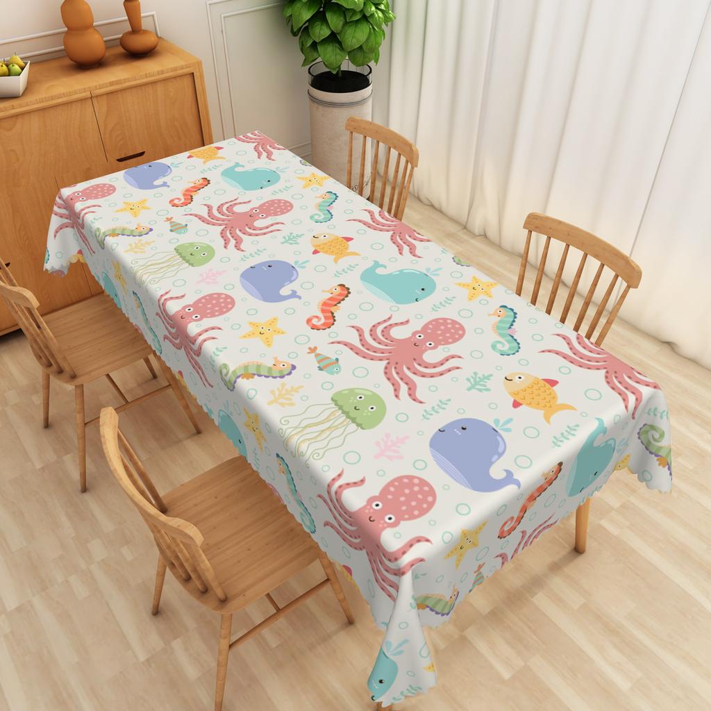 Ocean Blue Tablecloth Seashell Starfish Wave Beach Print Waterproof Table Cover For Kitchen Decoration Birthday Party Tablecloth