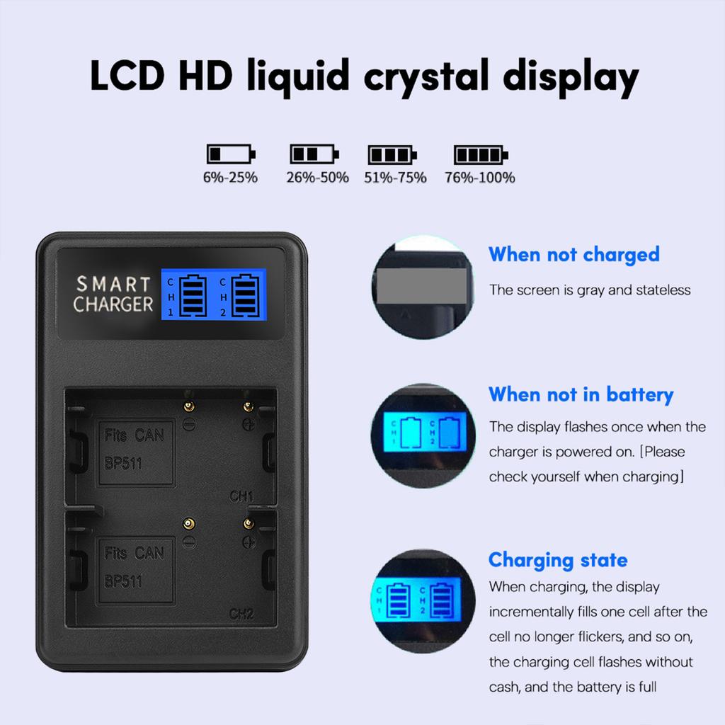 BP511 LCD Charger USB Camera Battery Charger Efficient Charging for EOS 10D 20D 30D 40D 50D D60 MV630i Camera