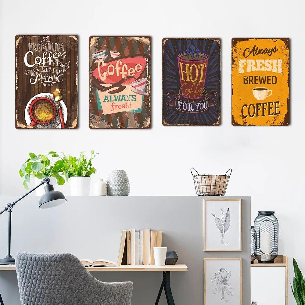 Vintage Fresh Coffee Plaque Metal Tin Sign Retro Drink Coffee Poster Wall Stickers for Cafe Shop Restaurant Home Room Decor