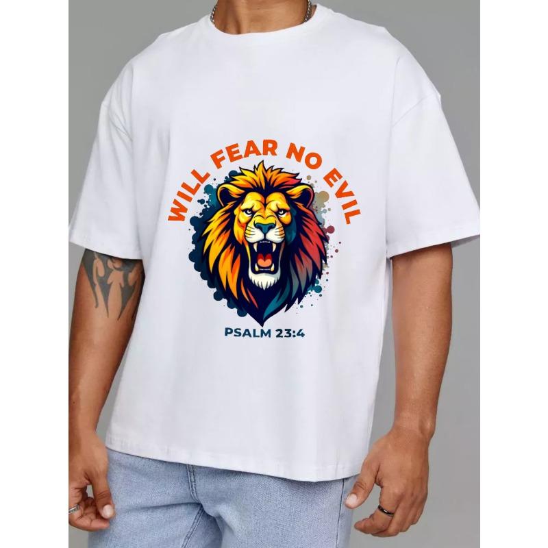 Rundhals-T-Shirt Weißer Löwe mit Psalm 234 Vers Werde kein Böses fürchten Design für Freizeitkleidung und religiöse Inspiration