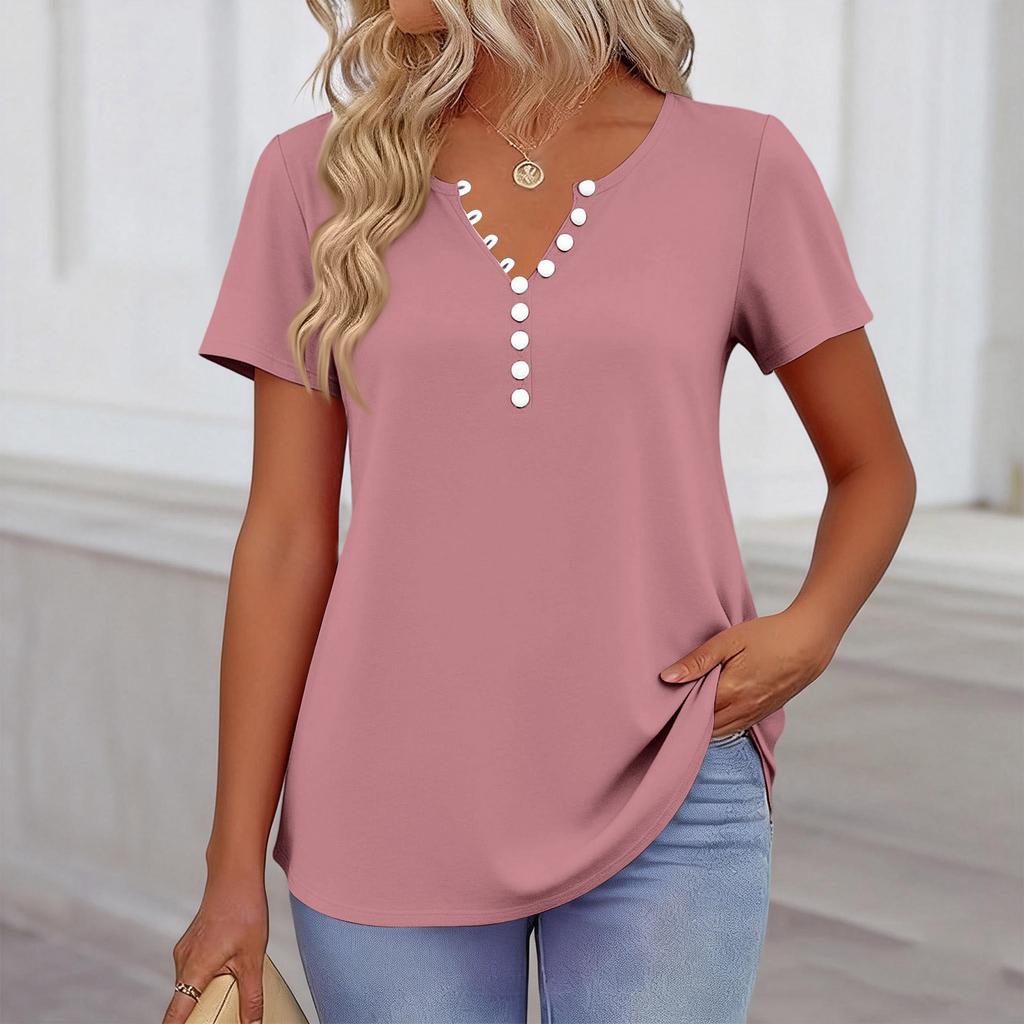 Women’s Casual Short Sleeve V Neck Button Front Blouse Comfortable Relaxed Fit Basic Summer Top for Daily Wear
