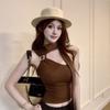 Women's Summer Knit Halter Top with Off-the-Shoulder Neckline Luxurious Figure-Hugging Sexy Cropped Top