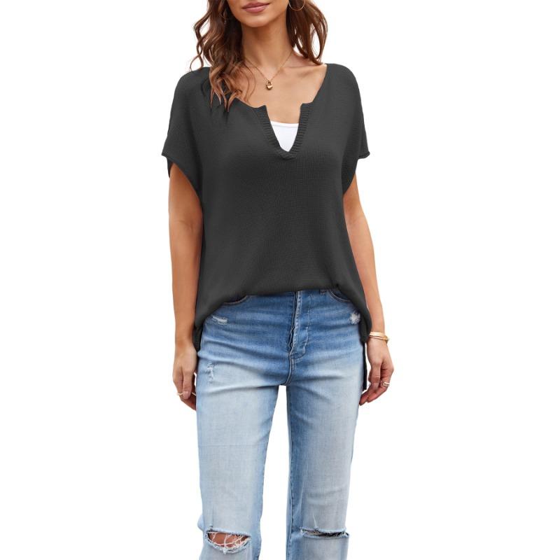 

Spring and Summer New Style V-neck Loose Large Size Casual Women s Pullover Short-sleeved Sweater S чёрный