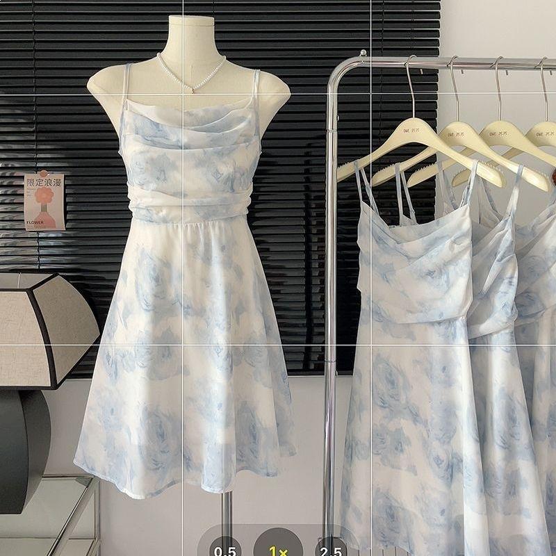 French gentle wind floral suspender dress women's summer temperament waist thin chiffon skirt design sense new