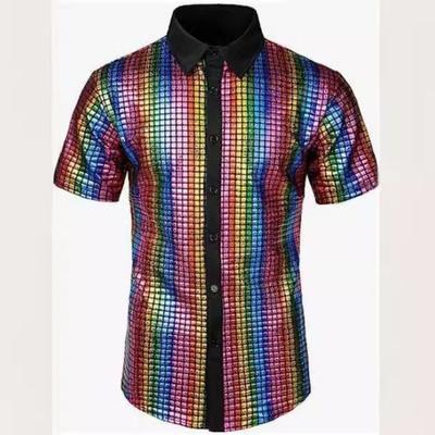 Summer Men's Fashion Bronzing Shirt Short Sleeve Top Lapel Color Contrast Loose Casual Shirt